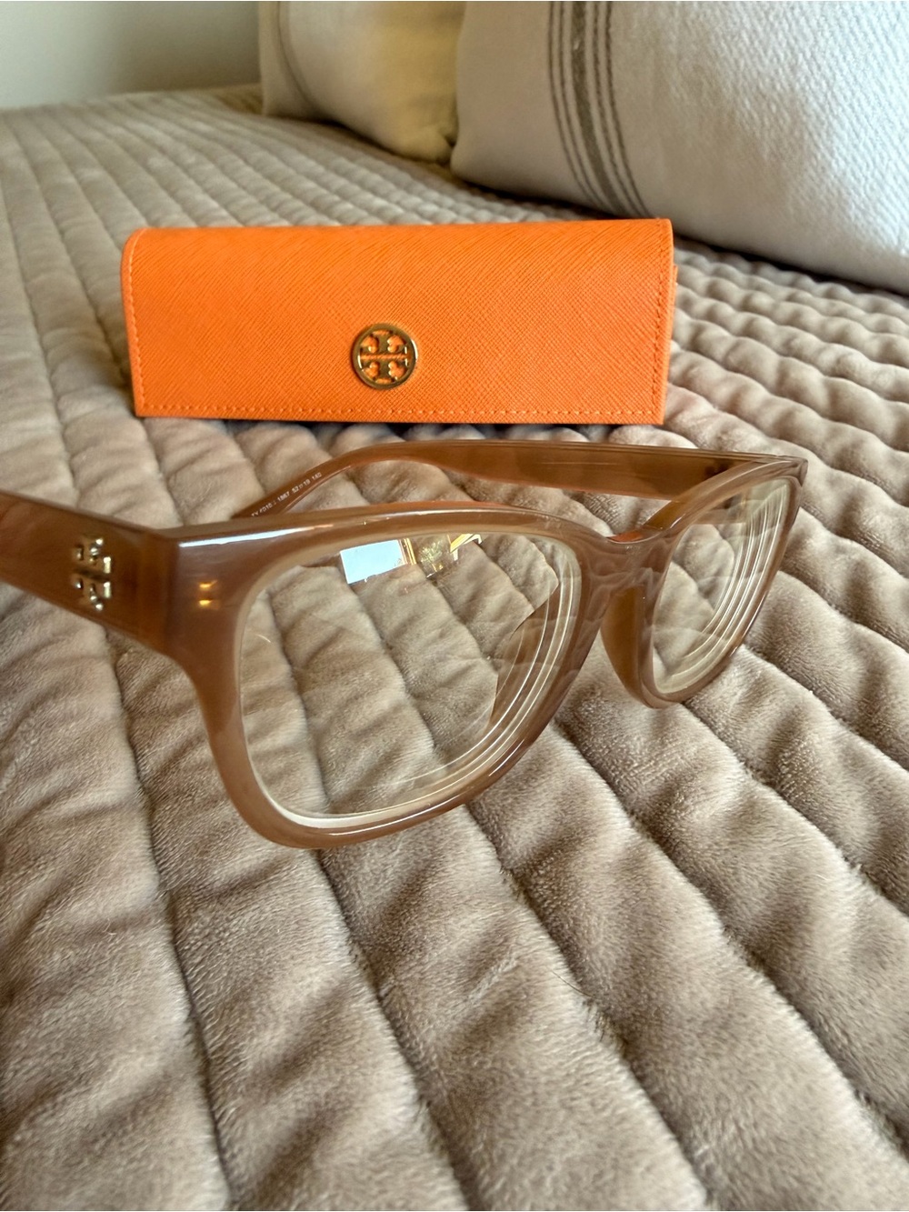 Tory Burch Translucent Nude/Tan Acetate Glasses with Orange Logo Case